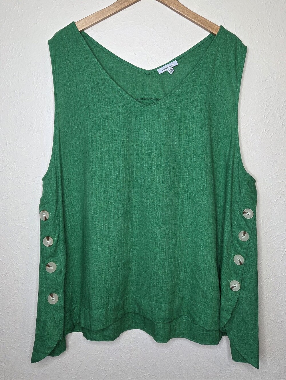 White Birch Emerald Green Linen Blend Button Side Tank Top 2XL Boho Coastal